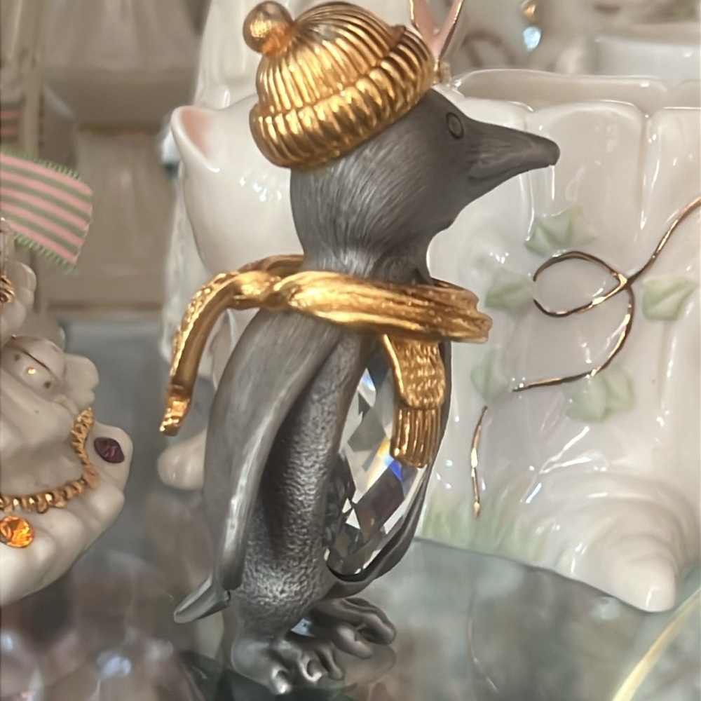 Swarovski Crystal Gold Trimlite Strass Suite Medium 3“ Pewter Penguin Figurine - Picture 6 of 9